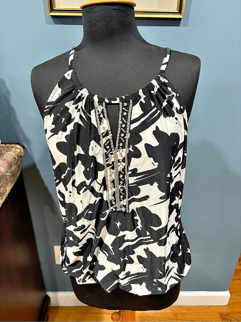INC International Concepts Abstract Embellished Camisole in Black & White Size